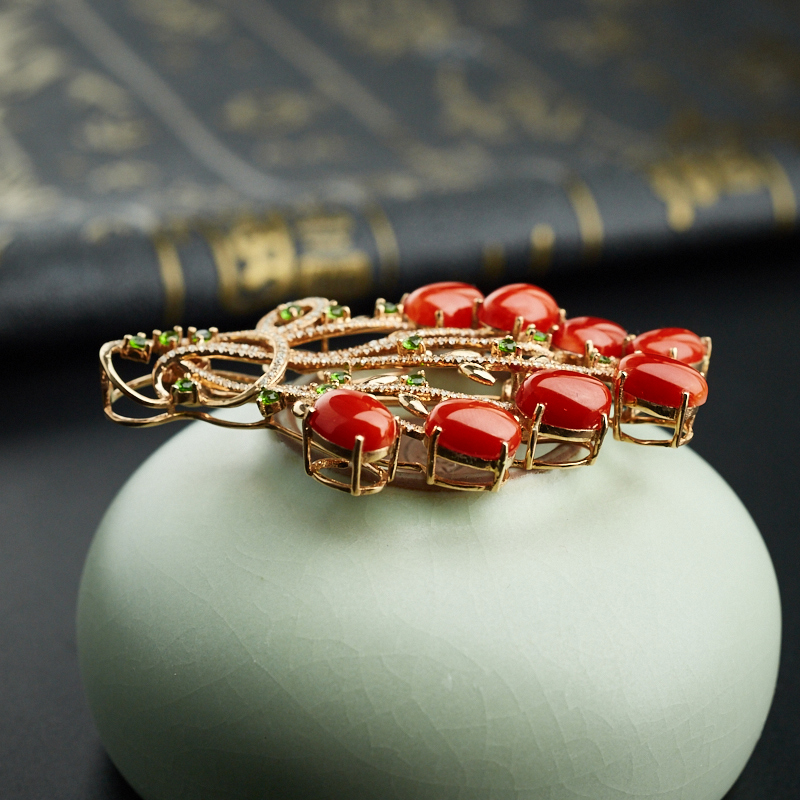 18K金镶钻红珊瑚胸针|天然红珊瑚胸针|日本红珊瑚胸针】-红掌柜珠宝